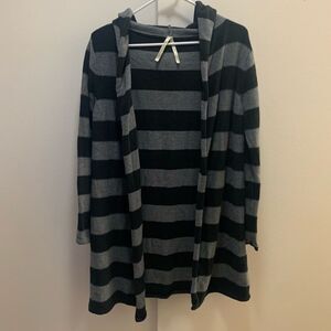High Sierra Open Knit Black & Gray Striped Hooded Cardigan